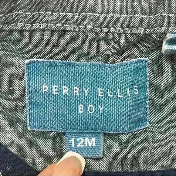 Perry Ellis Shirt Baby Boys Size 12M Navy Blue Button Up Short Sleeve Pocket - Picture 3 of 7